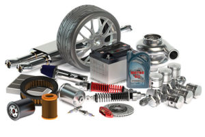 Collection of automotive equipment including a tire, motor oil, car battery, and more