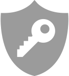 Graphic icon of a key on a grey shield-shaped background