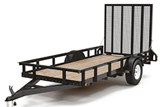 Color image of a black flatbed trailer with a pull hitch