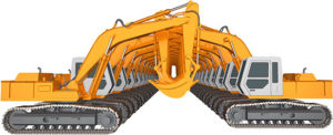 Two parallel rows of excavators facing each other with buckets crossed
