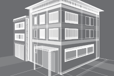 Black and white image of a 3D building scan made with HD scanner equipment