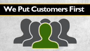 Graphic icon of a small group of people as head-only silhouettes with the text customers first 2