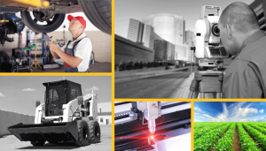 Photo collage showcasing automotive equipment, power equipment, agriculture, and geospatial equipment