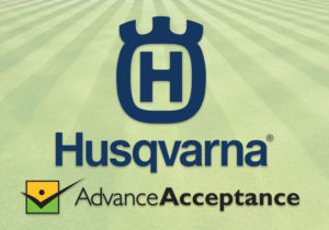 First Western Equipment Finance logo with the Husqvarna logo over an image of mowed grass
