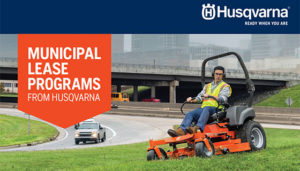 Promo for Husqvarna equipment leasing through First Western Equipment Finance feat. man on tractor by highway