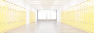 Empty hallway with doors and windows at the end lined with rows of yellow lockers