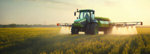 Tractor Spraying Pesticides on the farm at sunrise