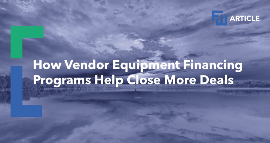 Blog header image featuring a cloudy sky reflected on a calm lake, tinted in blue-gray tones. Large white text across the center reads, “How Vendor Equipment Financing Programs Help Close More Deals.” Abstract green and blue geometric corner shapes appear on the left side.